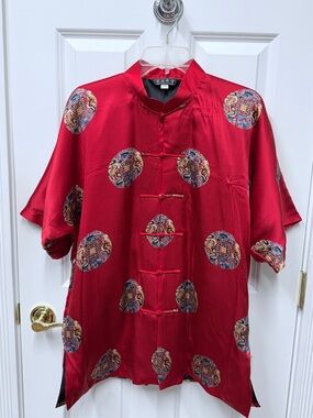 H.A.N. Red Chinese Tang Jacket Dragon Medallion Frog Closure XL EUC